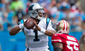 Sep 18, 2016; Charlotte, NC, USA; Carolina Panthers quarterback Cam Newton (1) looks to pass the ball while San Francisco 49ers outside linebacker Ahmad Brooks (55) applies pressure during the first quarter at Bank of America Stadium. Mandatory Credit: Jeremy Brevard-USA TODAY Sports